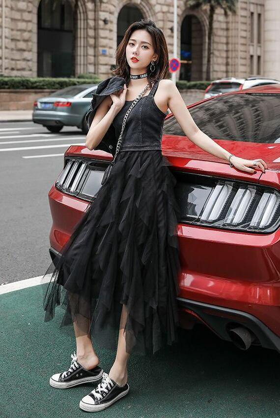 【set】一目惚れ！デニムジャケット+メッシュ切り替えキャミワンピースINS風2点セットF0751