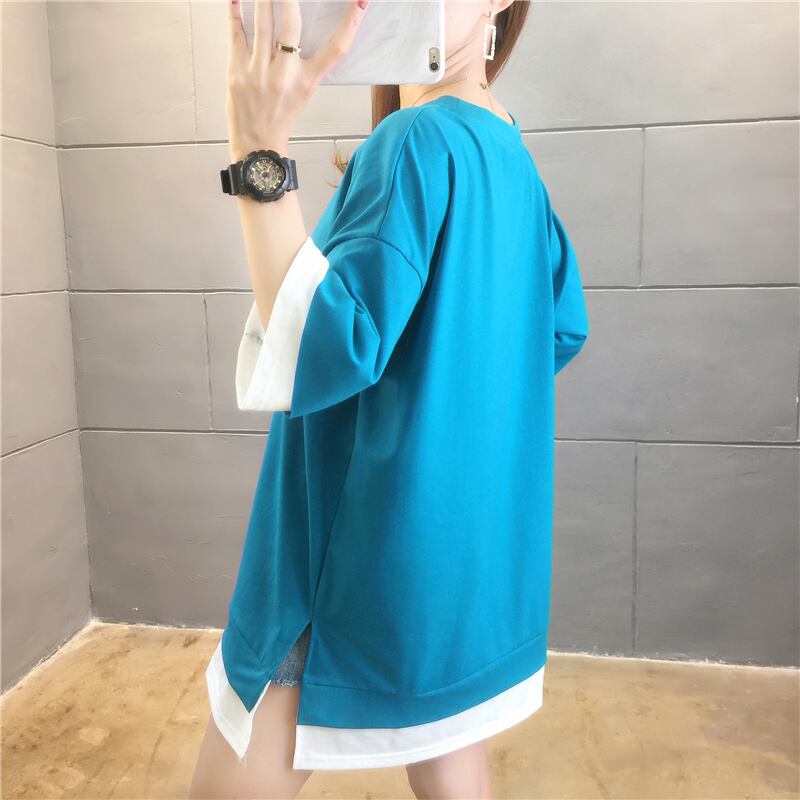 【tops】ラウンドネック半袖カジュアル偽二つ切り替え配色着まわしTシャツ