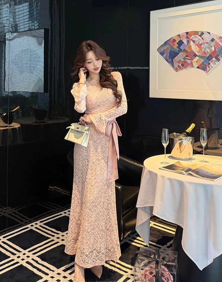 【dress】リボン付きロングレースワンピース Q7671