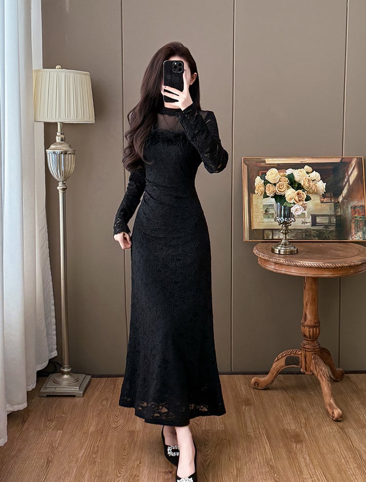 【dress】ファー付きレースワンピース Q7498
