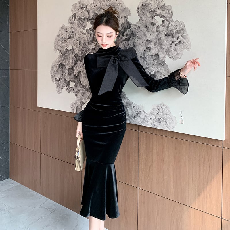 【dress】リボン付きベルベットワンピース Q7513