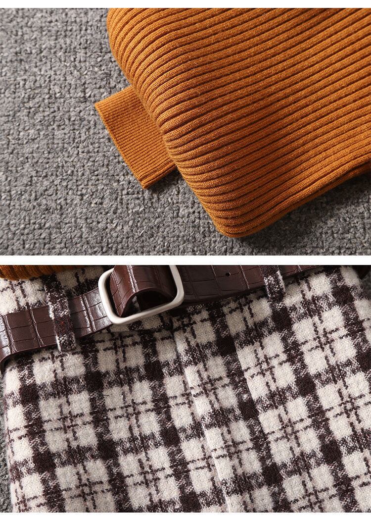 【set】店長推薦セットアップ無地長袖セーター+チェック柄スカート通勤日常秋新作2点セットF0818