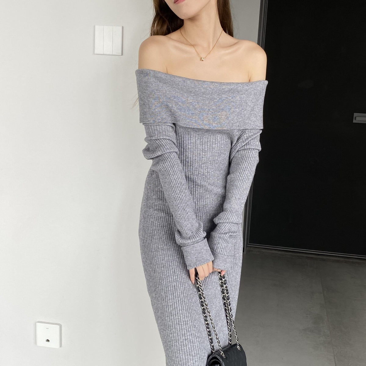 【dress】ボートネックニットワンピース　M18734