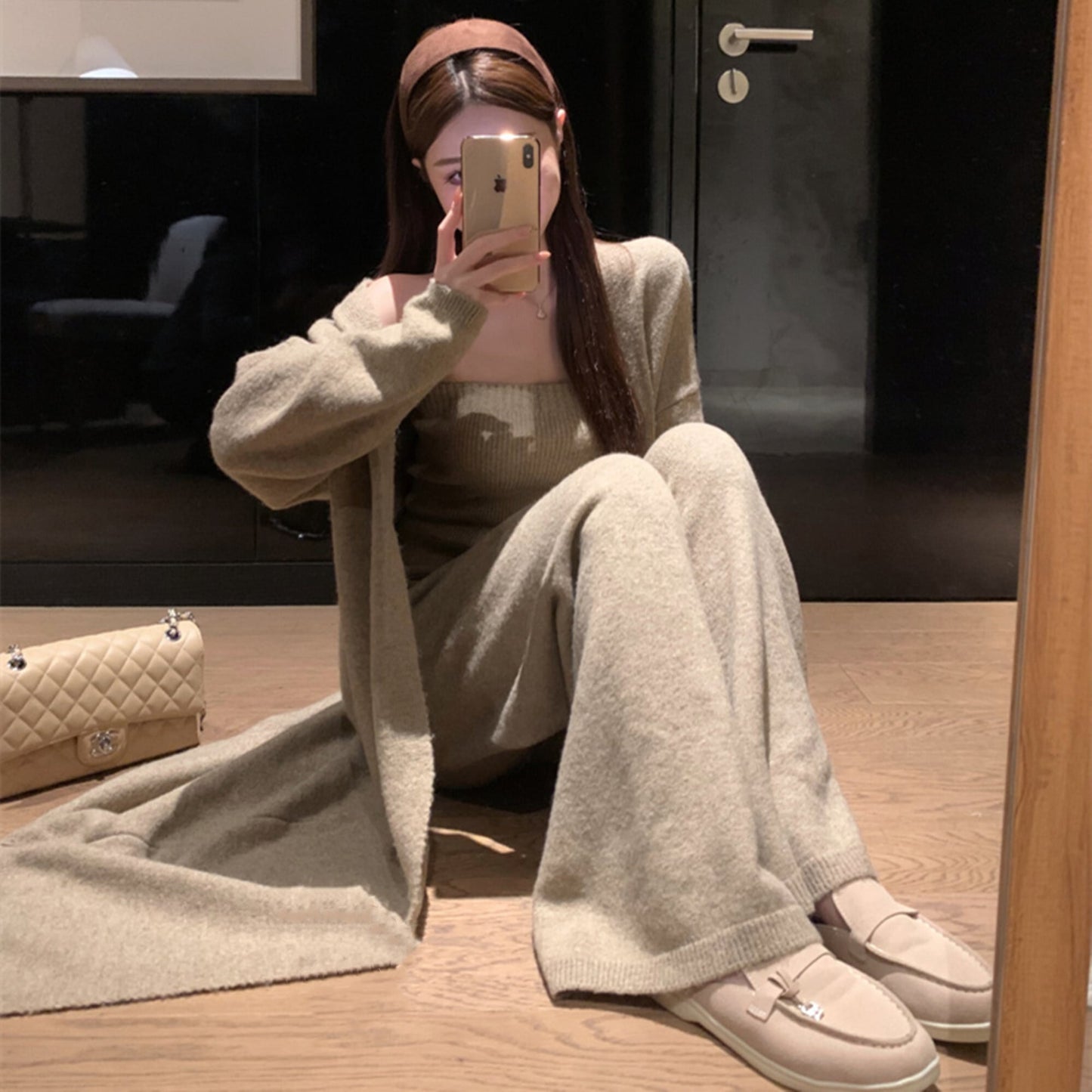 【set】ロング丈カーディガン×ベアトップ×ワイドパンツ3点セット　N3329