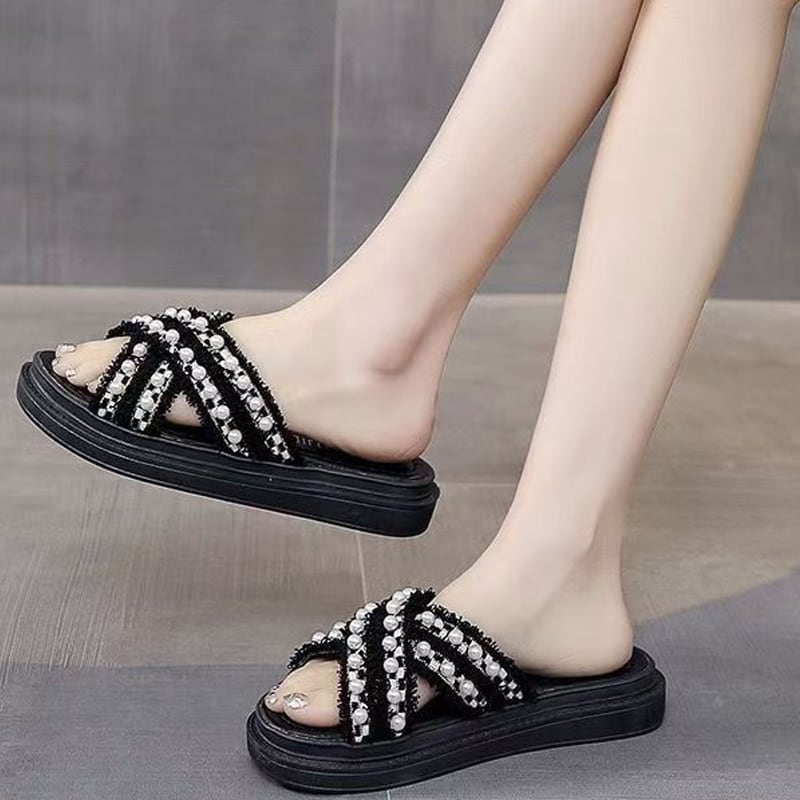 【Shoes】パール付きサンダル Q8427