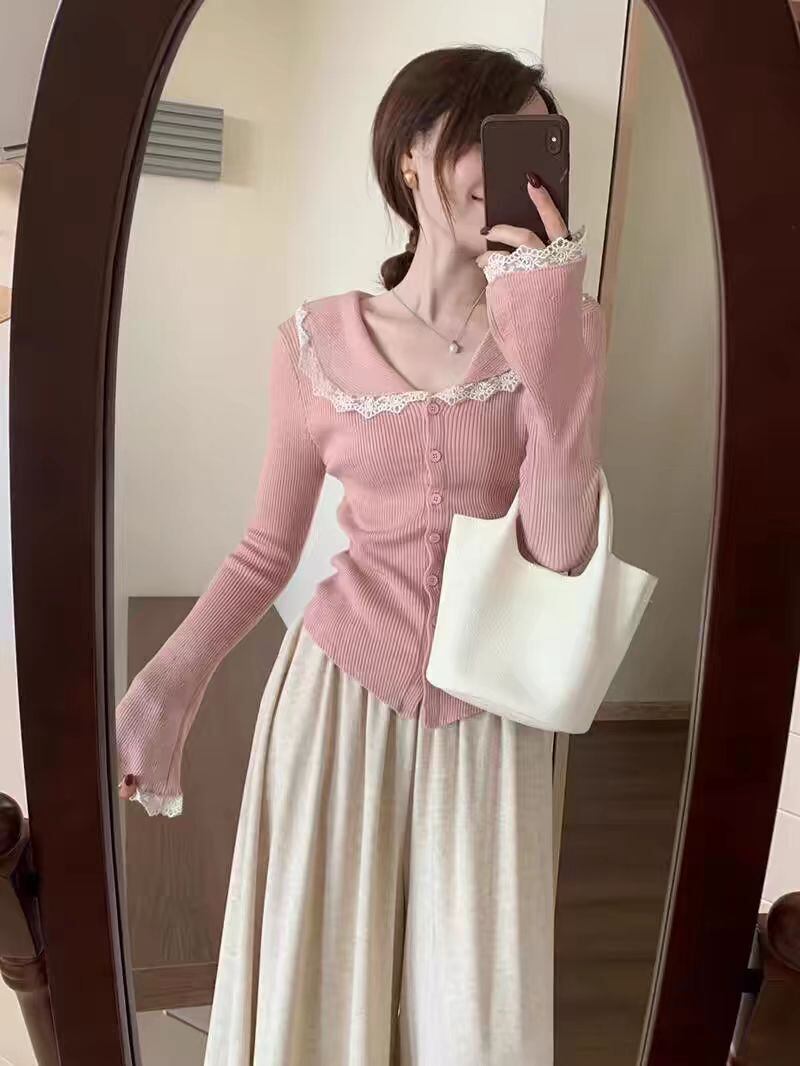 【tops】レース切り替えニットカーデ　M27552