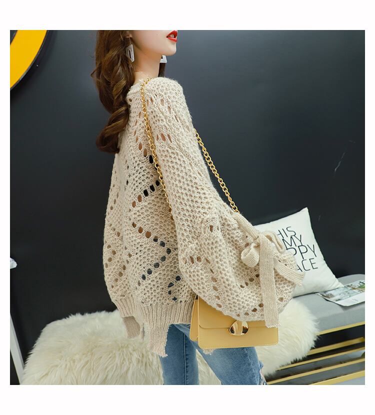 【tops】韓国ファッション3色ラウンドネック長袖透かし彫り薄手ニットセーターF0634