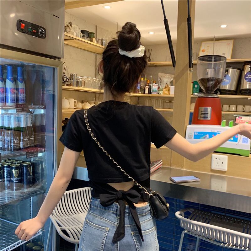 【tops】選べる5色！ラウンドネック半袖無地着回し蝶々結びTシャツ