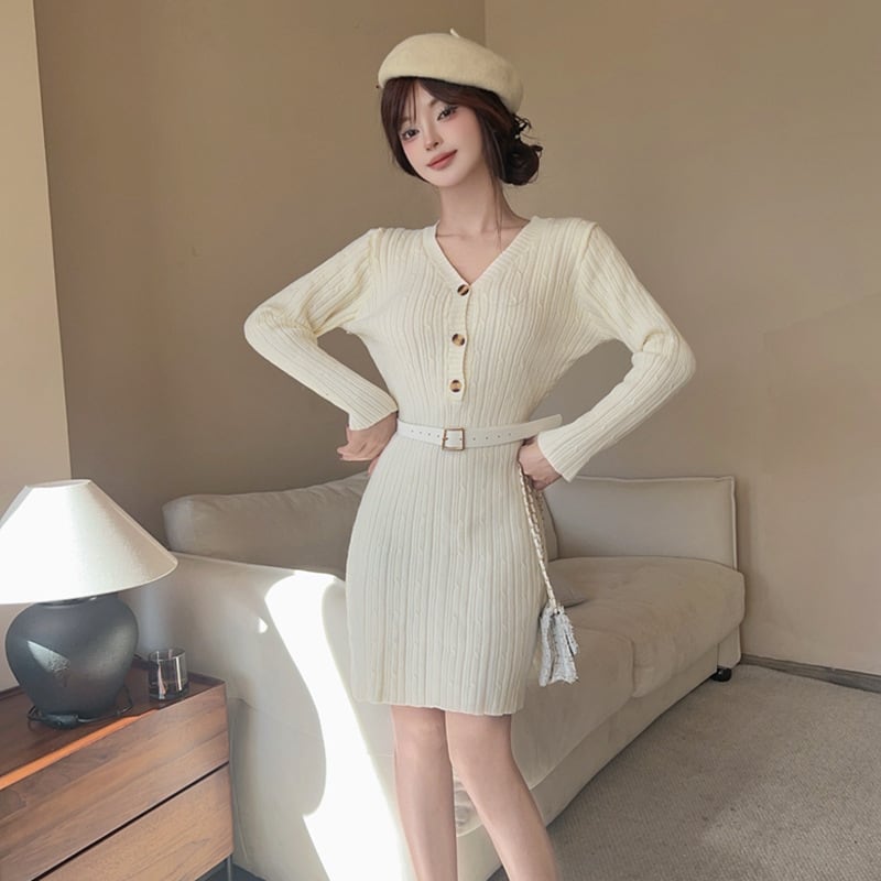 【dress】Vネックニットワンピース　M28378