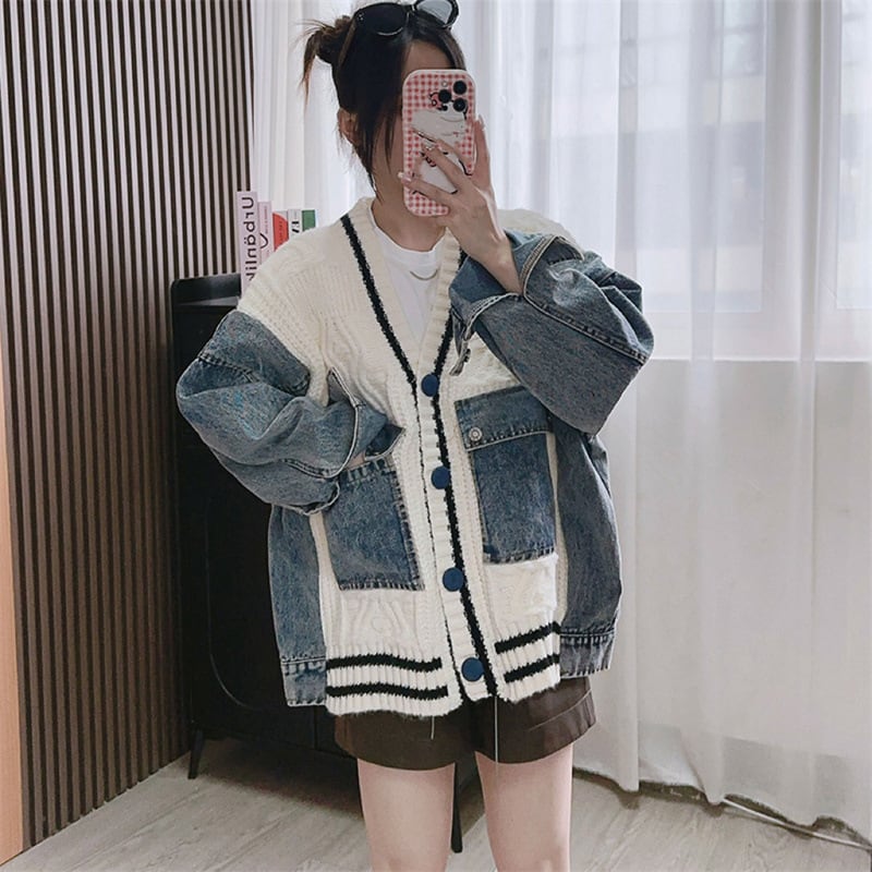 【outer】デニム切り替えニットカーデ　M25784