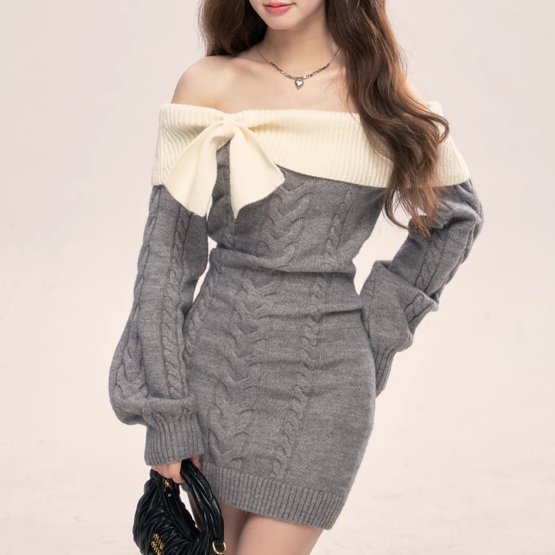 【dress】リボン付きオフショルダーニットワンピース Q7769
