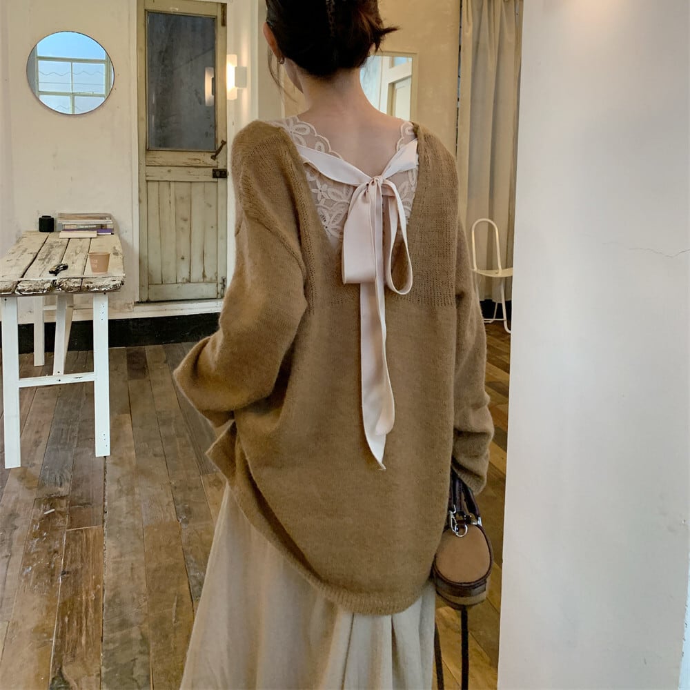 【set】レースキャミソール×バックリボンニットセーター×スカートセット　M27675