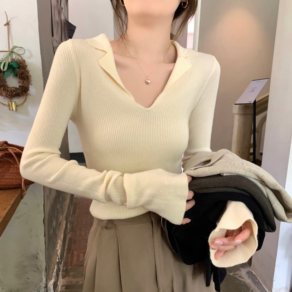 【tops】POLOネックニットトップス　M18950