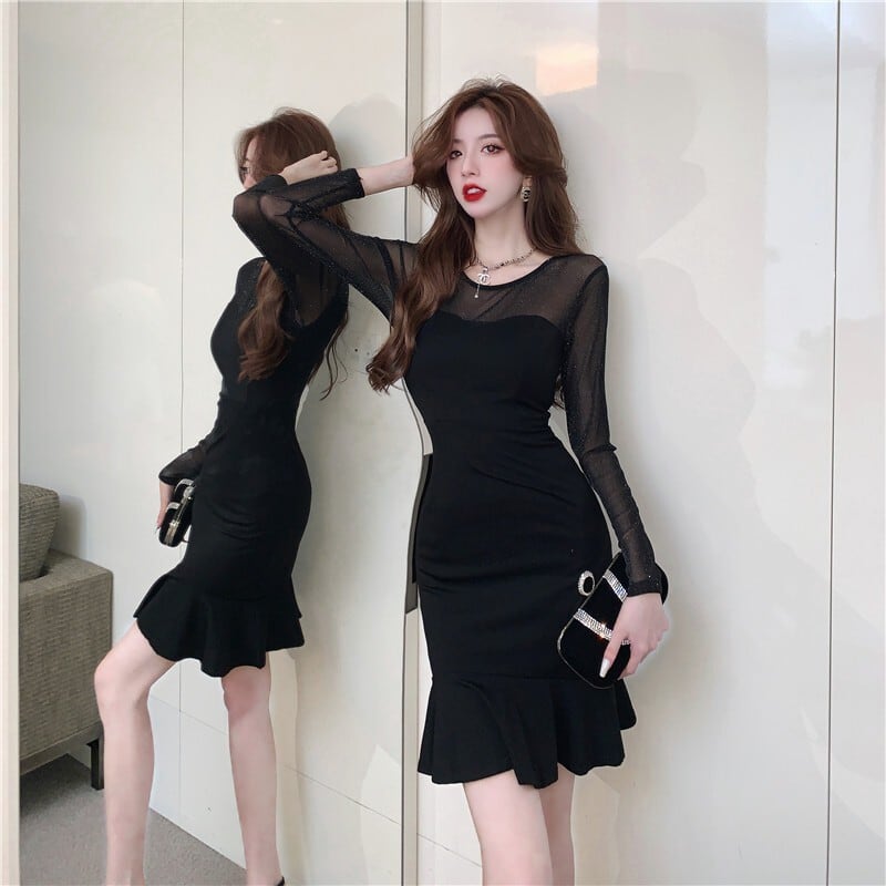 【dress】メッシュ切り替えマーメイドワンピース G20694