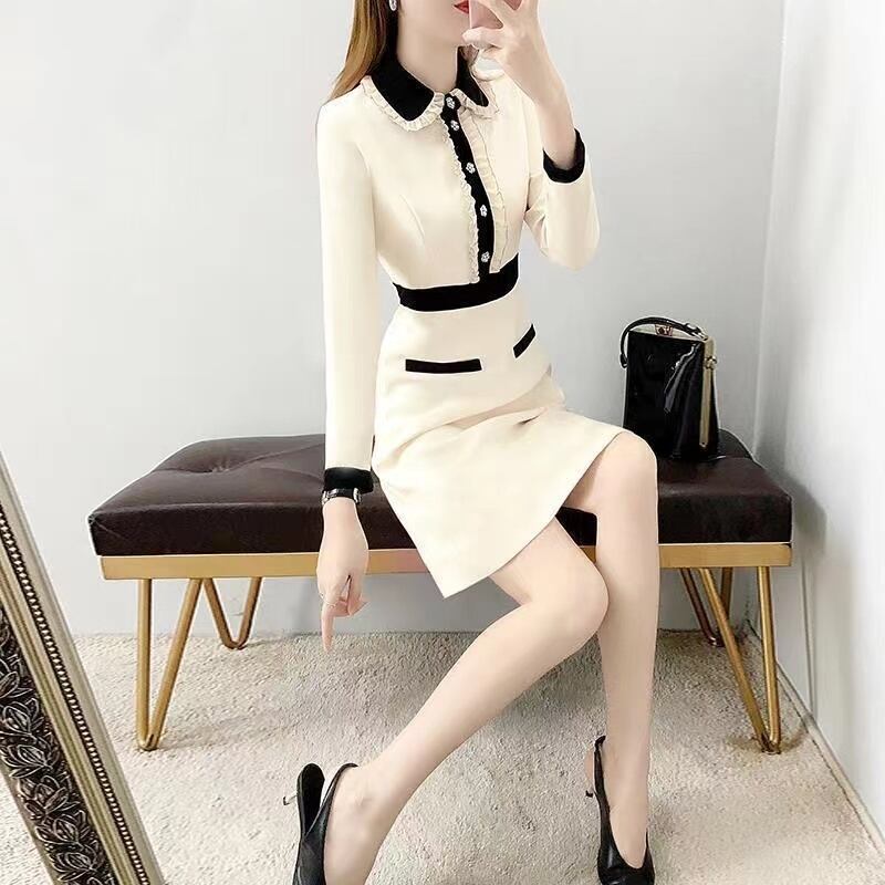 【dress】ポロカラー長袖体型カバーおしゃれ配色AラインワンピースF1339