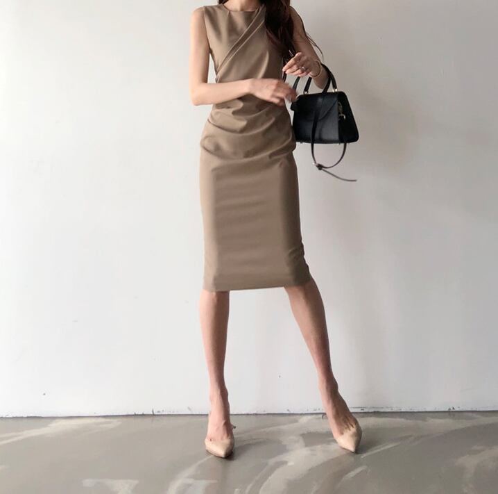 【dress】気質デザインノースリーブレディースファッション無地OL通勤ワンピース