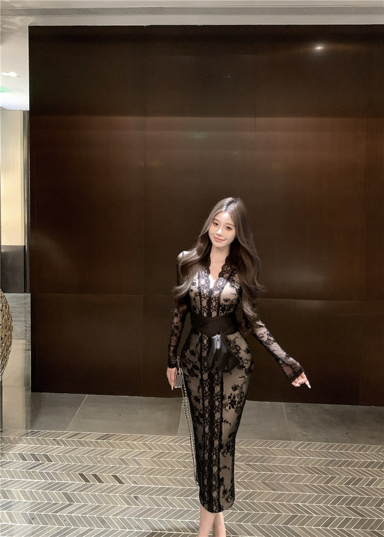 【dress】長袖レースタイトワンピースG24521