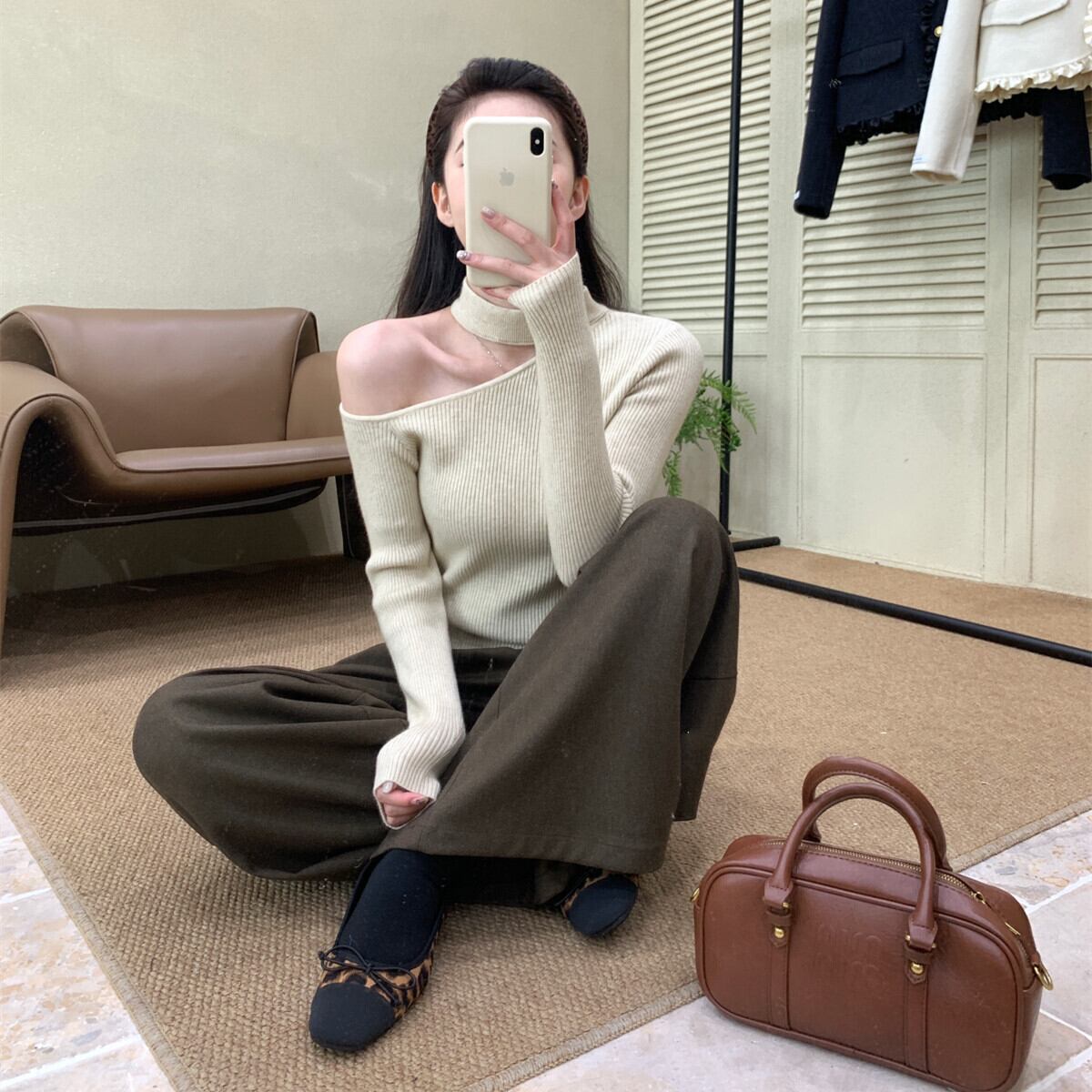 【tops】ワンショルハイネックニットトップス　N2931