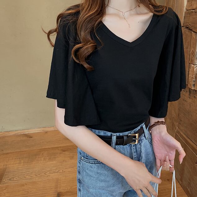 【tops】美人度アップVネック半袖ファッションフレアスリーブ無地着回しTシャツF0001