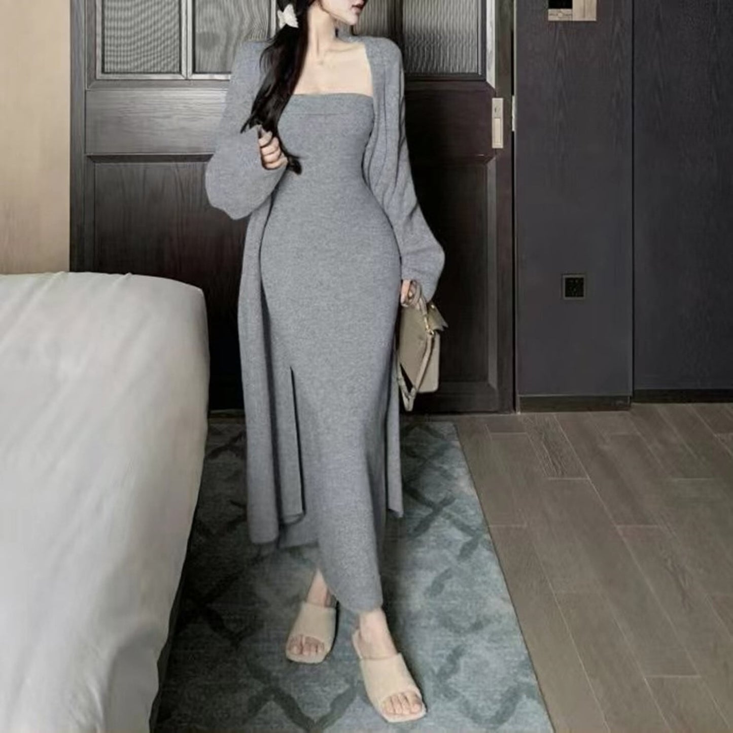 【set】ロング丈カーディガン×ベアトップワンピースセット　N2799