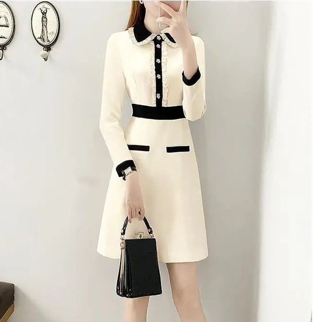 【dress】ポロカラー長袖体型カバーおしゃれ配色AラインワンピースF1339