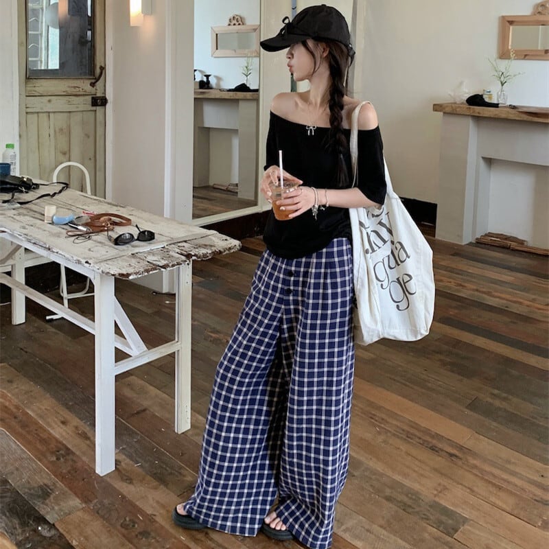 【set】Tシャツ×チェック柄パンツセット　M25040