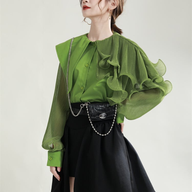 【tops】フリル不規則 イレギュラーシャツブラウス　M29334
