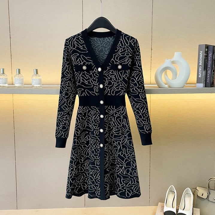 【dress】ジャカードVネックニットワンピース　M27683