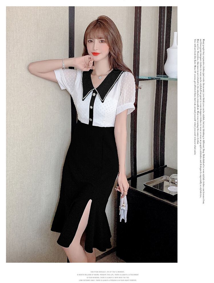 【dress】気質満点スリットマーメイドドールカラーセーターパフスリーブワンピース