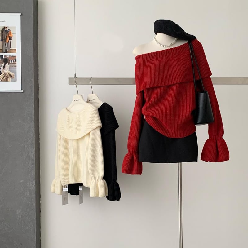 【tops】オフショルダーラペルニットトップス Q7643