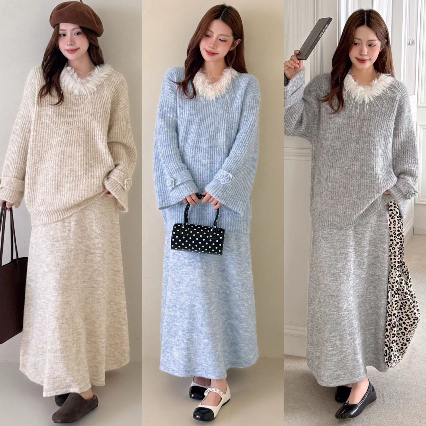 【set】ファーネックニットトップス×ロングスカートセット Q6956