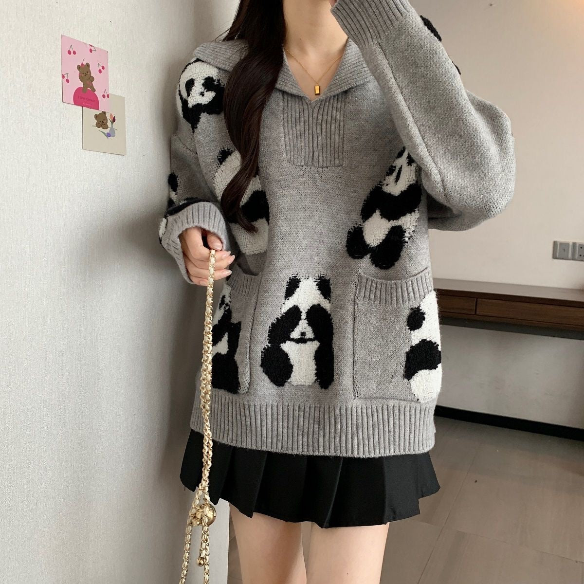 【tops】長袖動物柄ニットセーターF8315