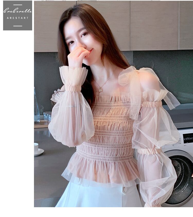 【tops】女性力を高める〜オフネック長袖体型カバーメッシュフ無地着回しブラウスF0570