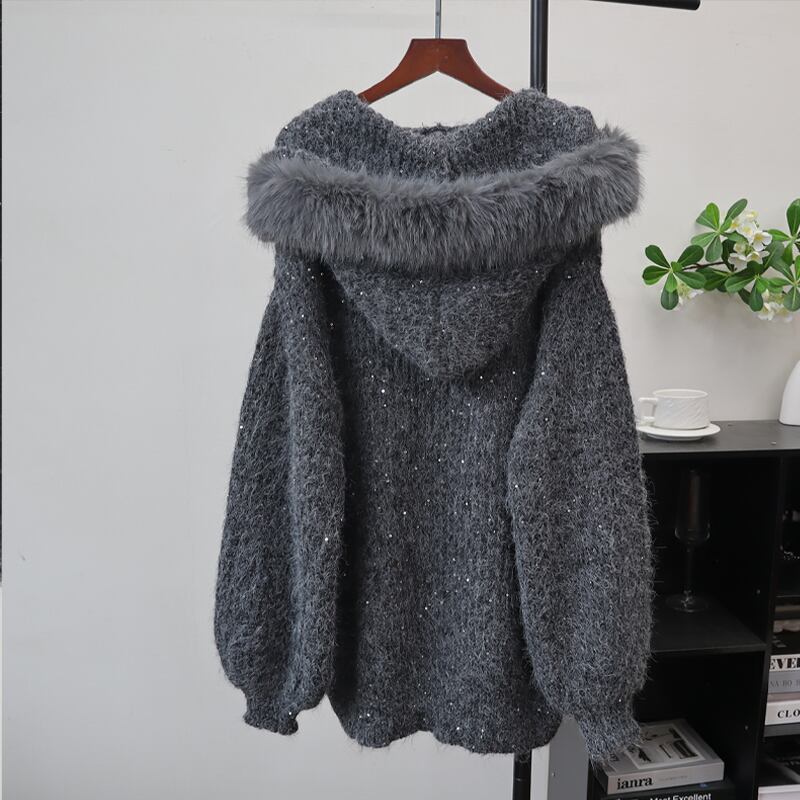 【outer】ファー付きニットカーディガン Q6991