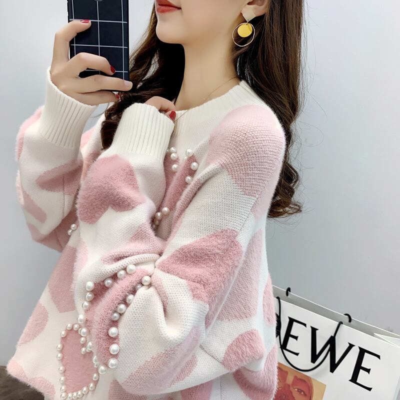 【tops】必ず目を引く2色ラウンドネック長袖ハート柄配色ゆったりビーズ飾りニットセーターF0682