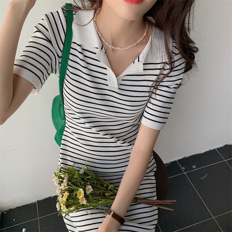 【dress】韓国風スウィートVネック着痩せストライプ柄ニットワンピース G0210