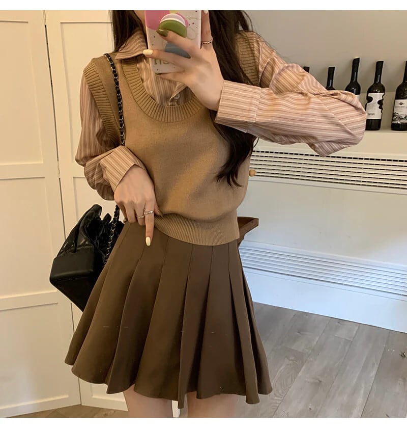 【tops】POLOネック切り替えニットトップス　N2834