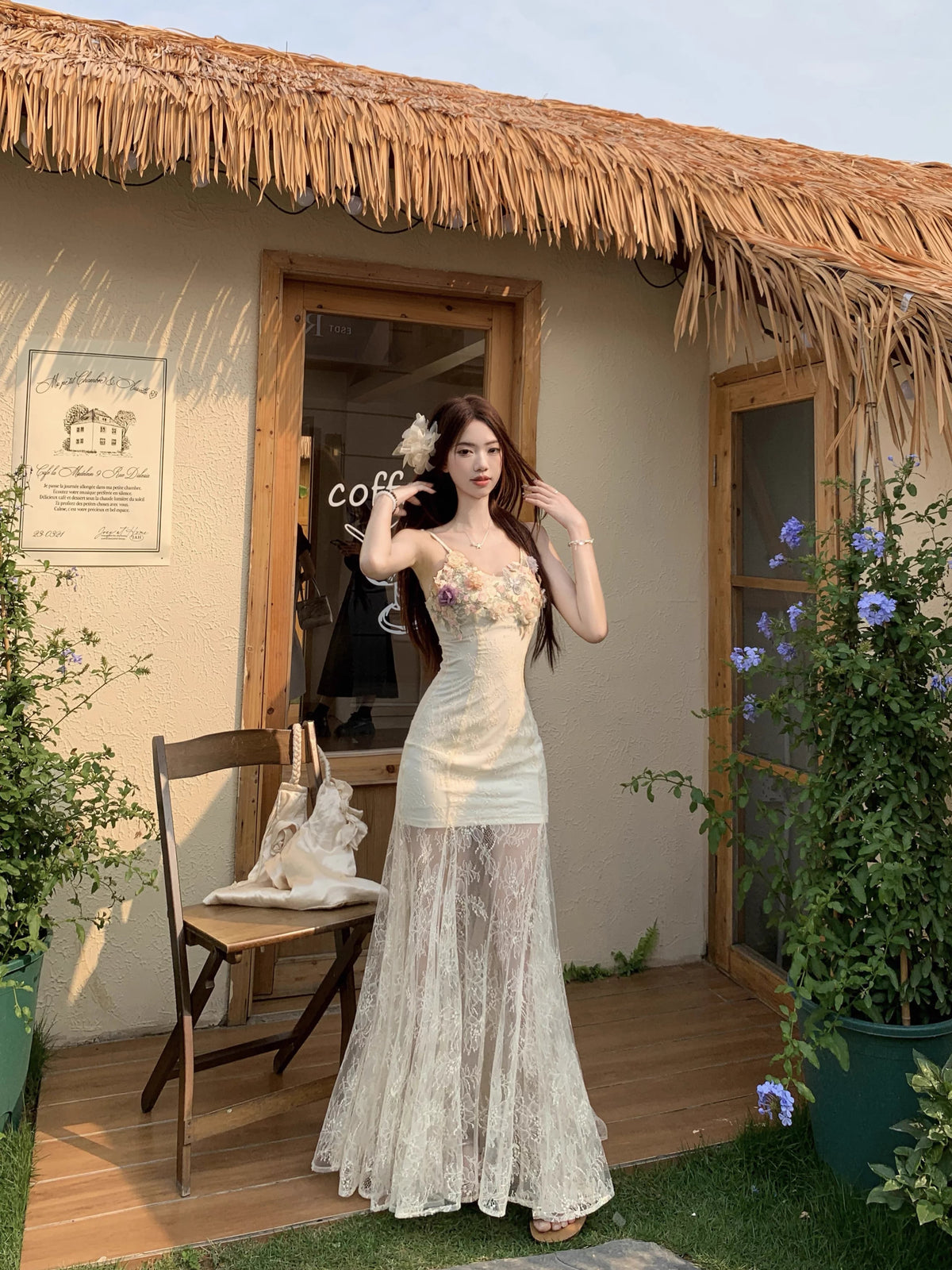 【dress】フラワー付きチュールドッキングロングキャミワンピース Q8259