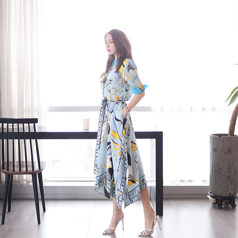 【dress】韓国風気質満点ファッション折り襟不規則 プリントワンピース G0398