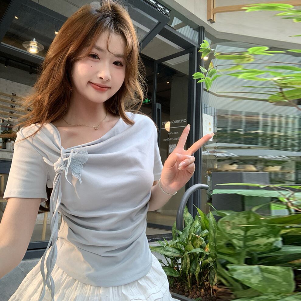 【tops】リボンイレギュラーTシャツG21557