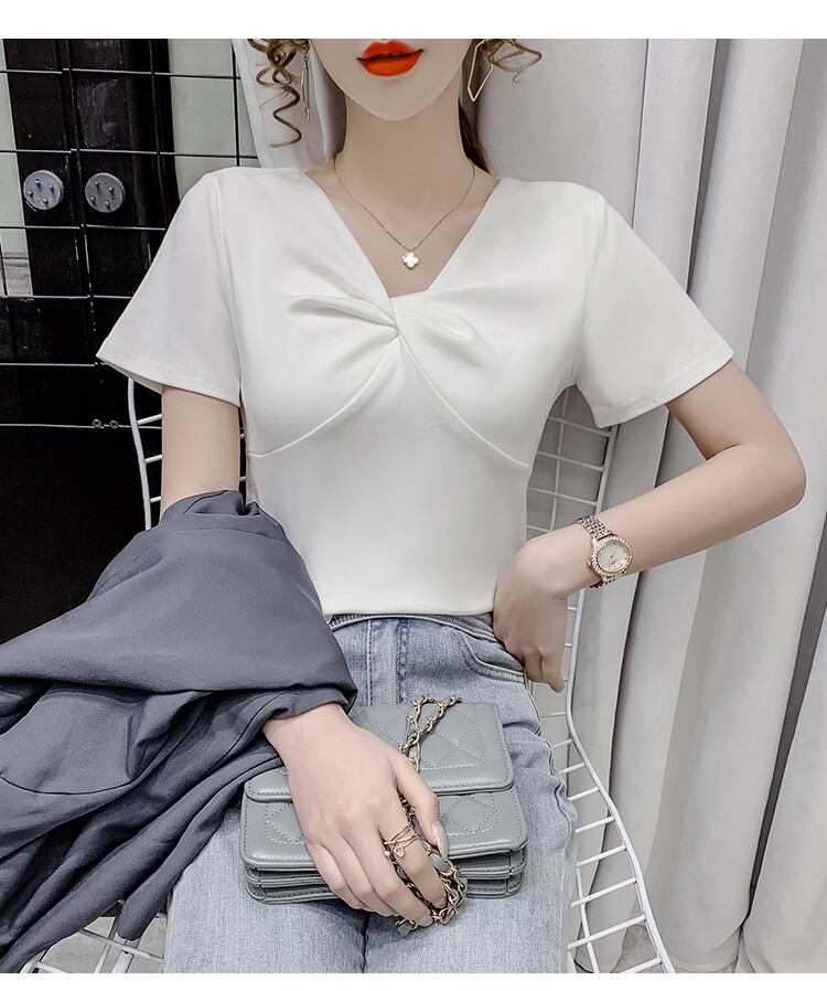 【tops】2色Vネック半袖ファッション無地着回しブラウスF0154