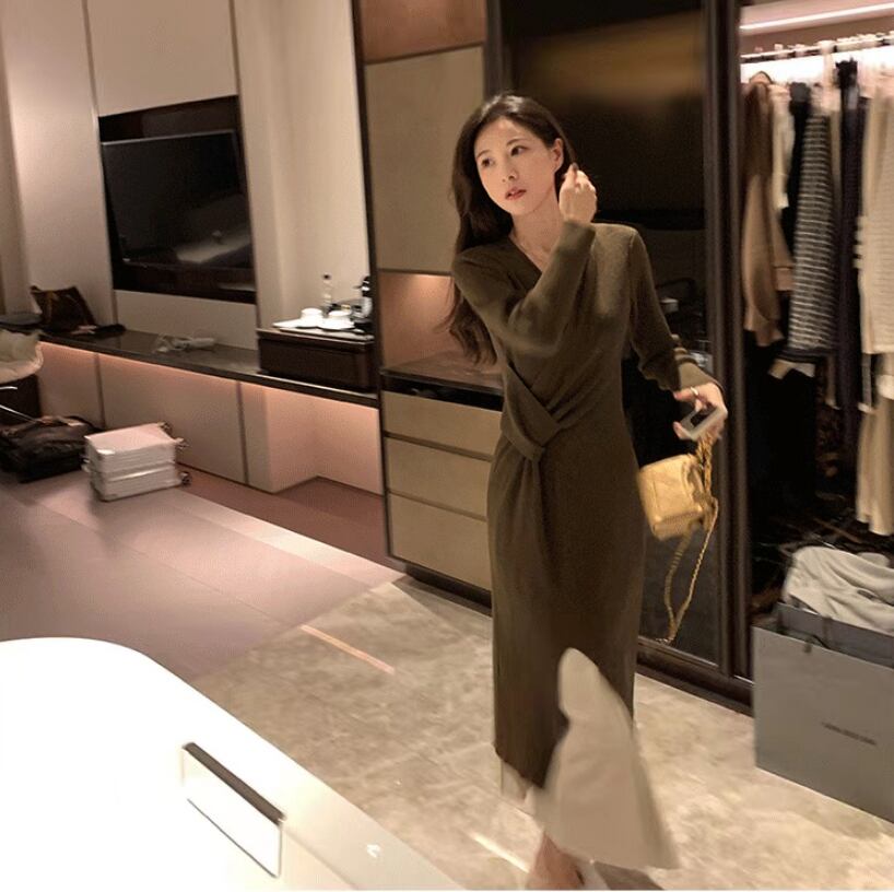 【dress】上品な質感!気質満点レトロ高品質秋冬新作体型カバーニットワンピース G3357