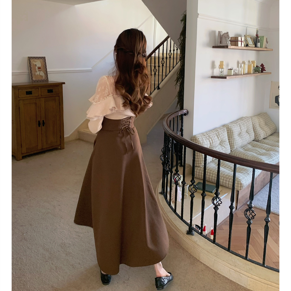 【set】レースフリルニットトップス×ロングスカートセット N3477