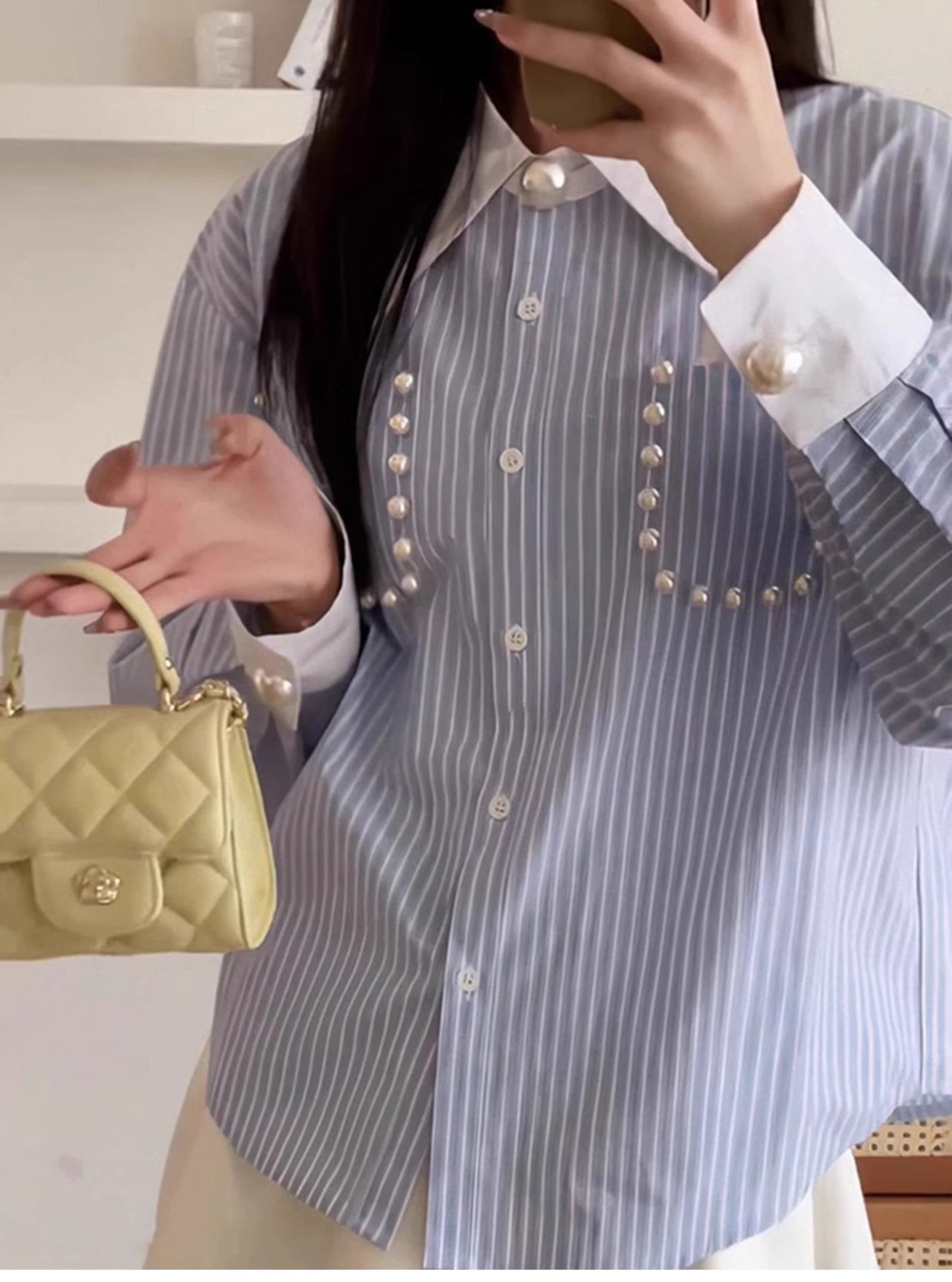 【tops】パールストライプ柄シャツトップス　M29720