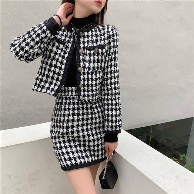 【set】細身効果抜群♪2点セット秋新作千鳥格子長袖ジャケット+タイトスカートF0781