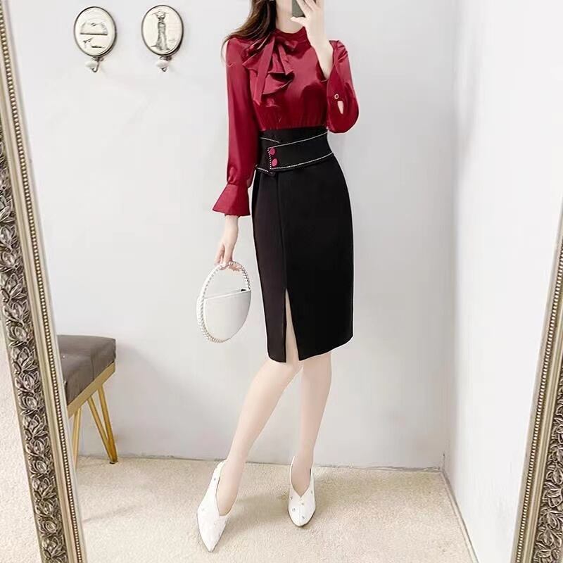 【dress】女性力を高める〜スリット長袖体型カバー配色切り替えおしゃれ春タイトワンピースF1602