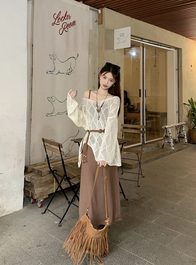 【set】カットワークニットトップス×キャミワンピースセットベルト付　M29503