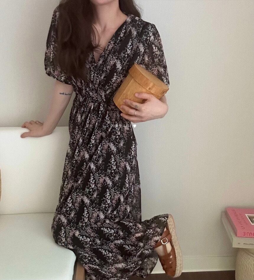 【dress】Vネック花柄パフスリーブワンピース G20746