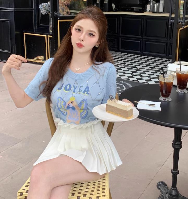 【tops】長袖ラインストーンニットＴシャツF7068