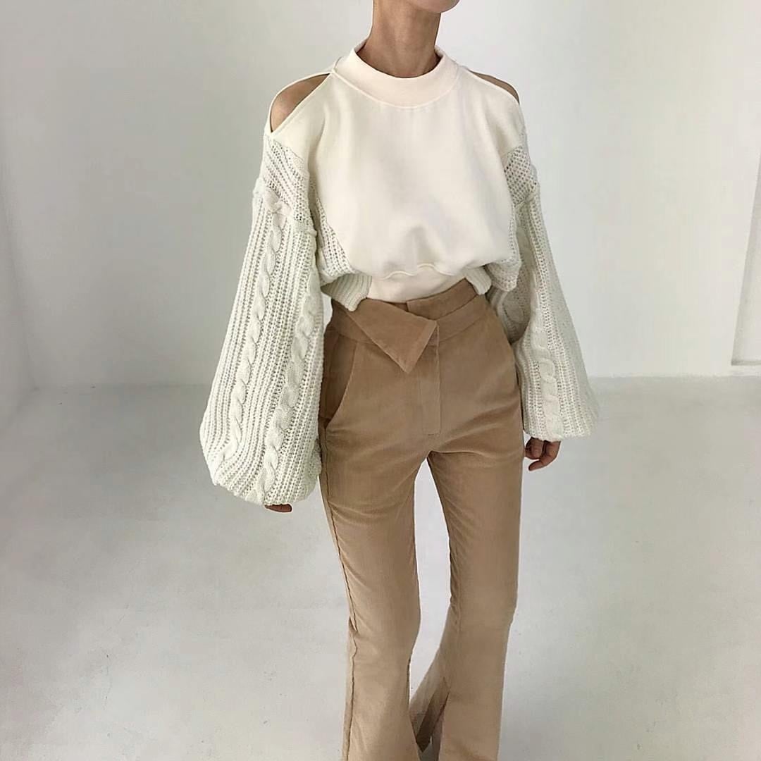 【tops】ニット切り替えオフショルダープルオーバー　M26064